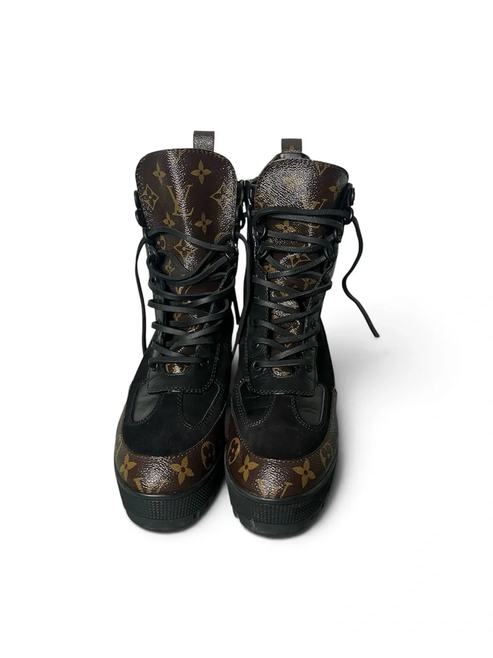 Louis Vuitton Black Leather & Brown Monogram Lace-Up Combat Boots